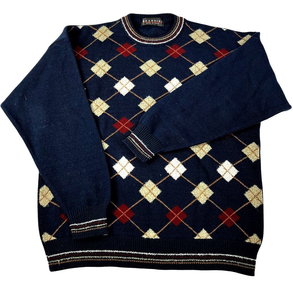 Brandini Made in Italy Argyle Wool Blend‎ Pullover Long Sleeve Sweater Size L